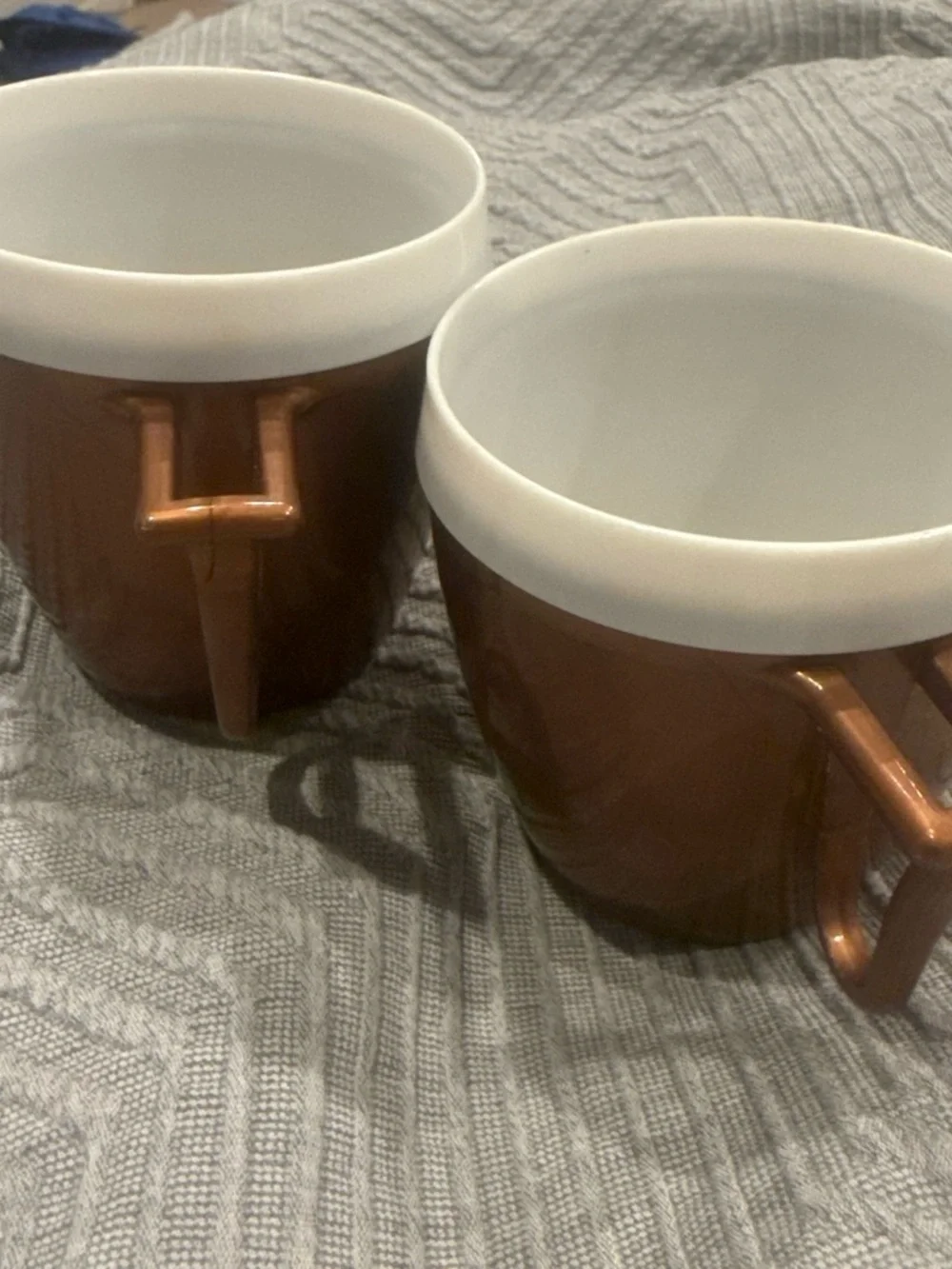 Set of 2 vintage Metallic Copper plastic Coffee Mugs with White Rim